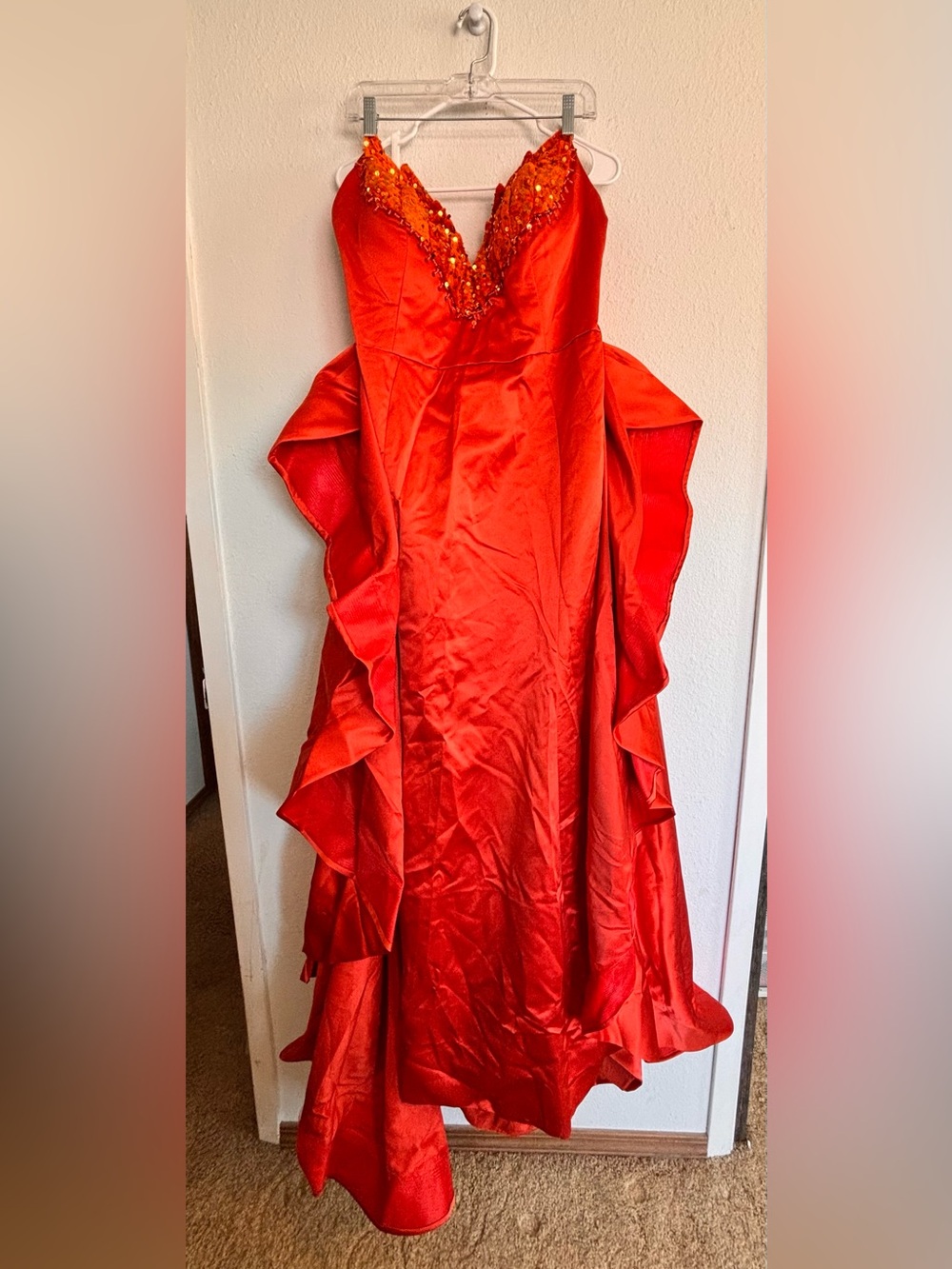 NWT Red Satin Corset Prom Gown Size 20 Beaded Neckline High Slit